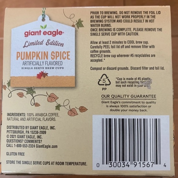 24 PUMPKIN SPICE Single Serve Brew K Cup Coffee Giant Eagle Light Roast Arabica - Picture 2 of 3